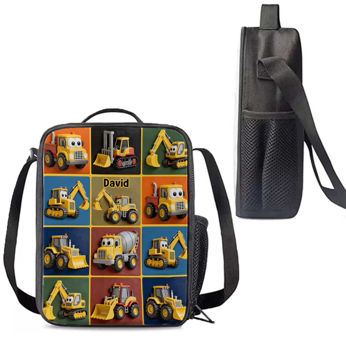Machines de chantier - Ensemble sac à dos, sac à goûter et trousse personnalisés pour enfant
