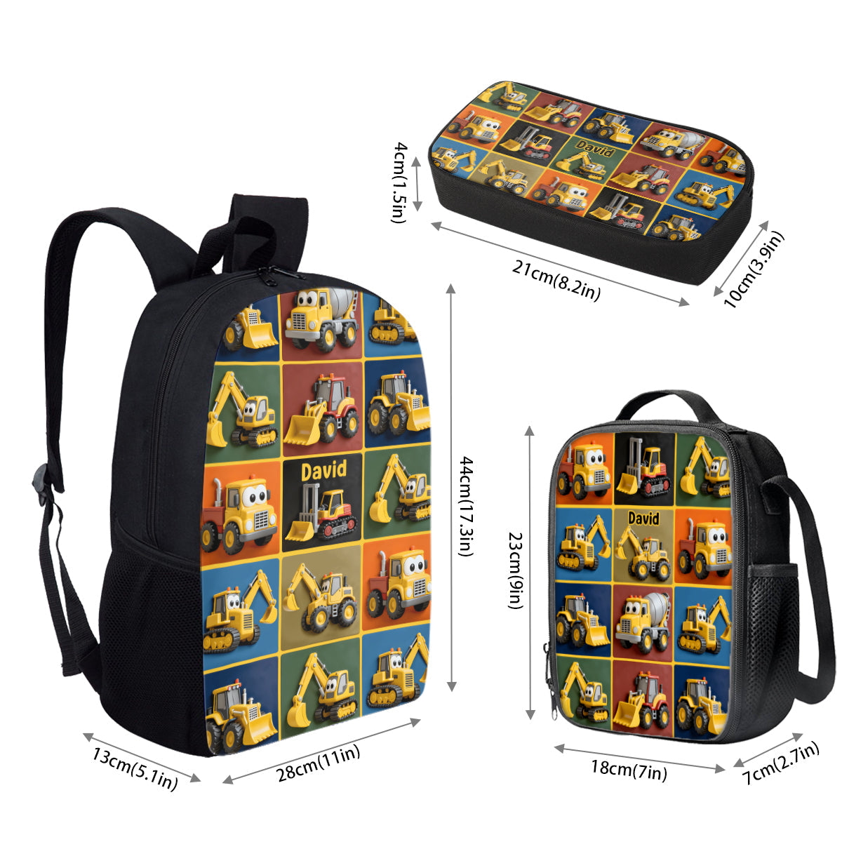 Machines de chantier - Ensemble sac à dos, sac à goûter et trousse personnalisés pour enfant