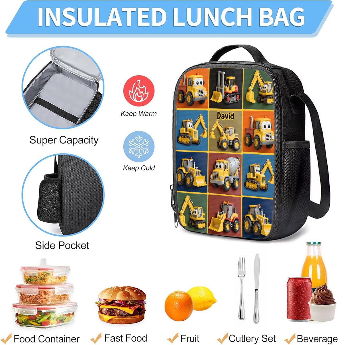 Machines de chantier - Ensemble sac à dos, sac à goûter et trousse personnalisés pour enfant