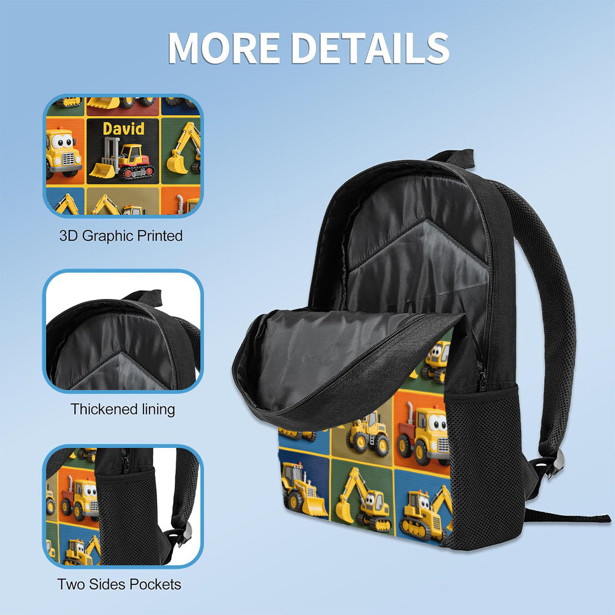 Machines de chantier - Ensemble sac à dos, sac à goûter et trousse personnalisés pour enfant