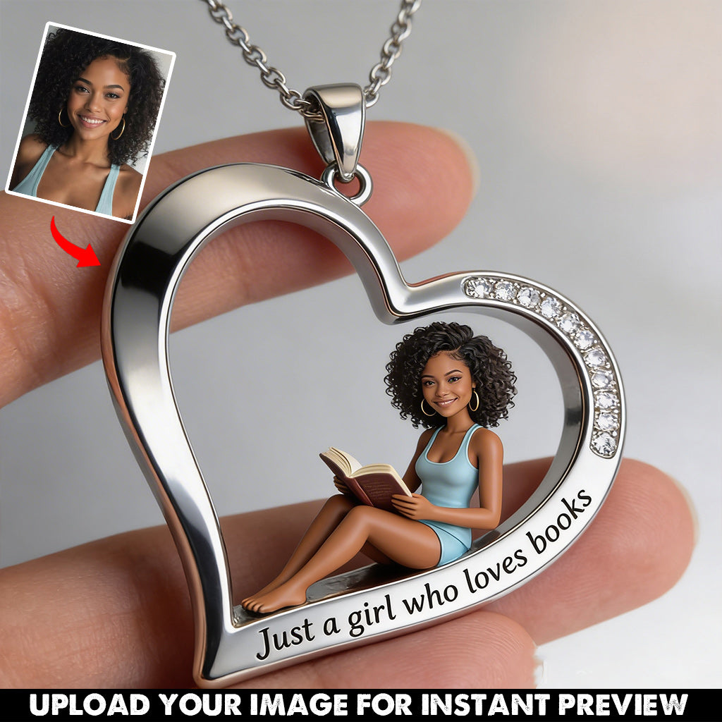 Custom Any Photo, Just A Girl Who Loves Books - Personalized Book Shaped Metal Pendant Necklace