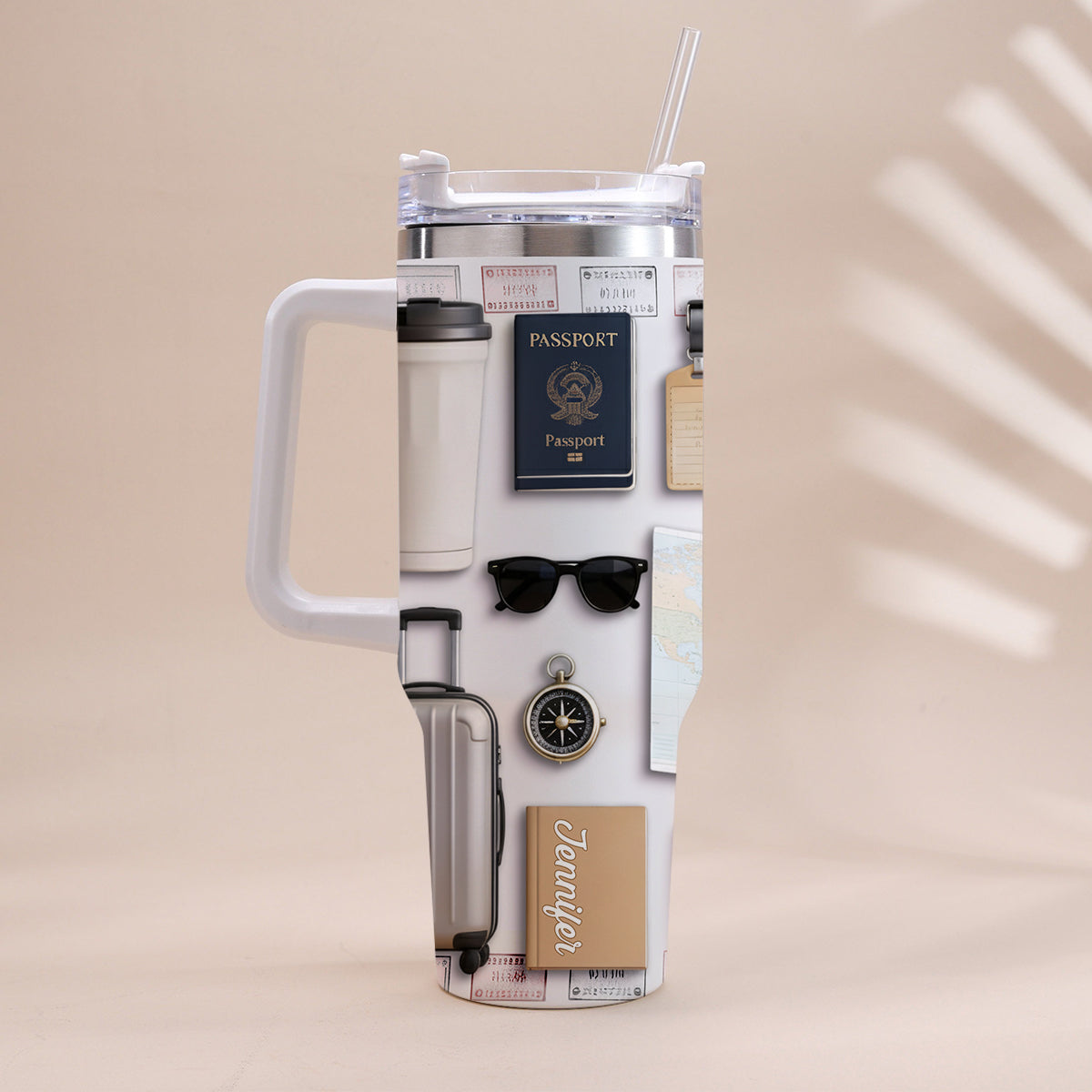 Gobelet isotherme de voyage personnalisé avec poignée « J’adore voyager »