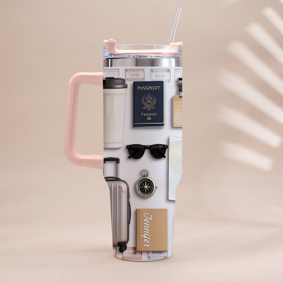 Gobelet isotherme de voyage personnalisé avec poignée « J’adore voyager »