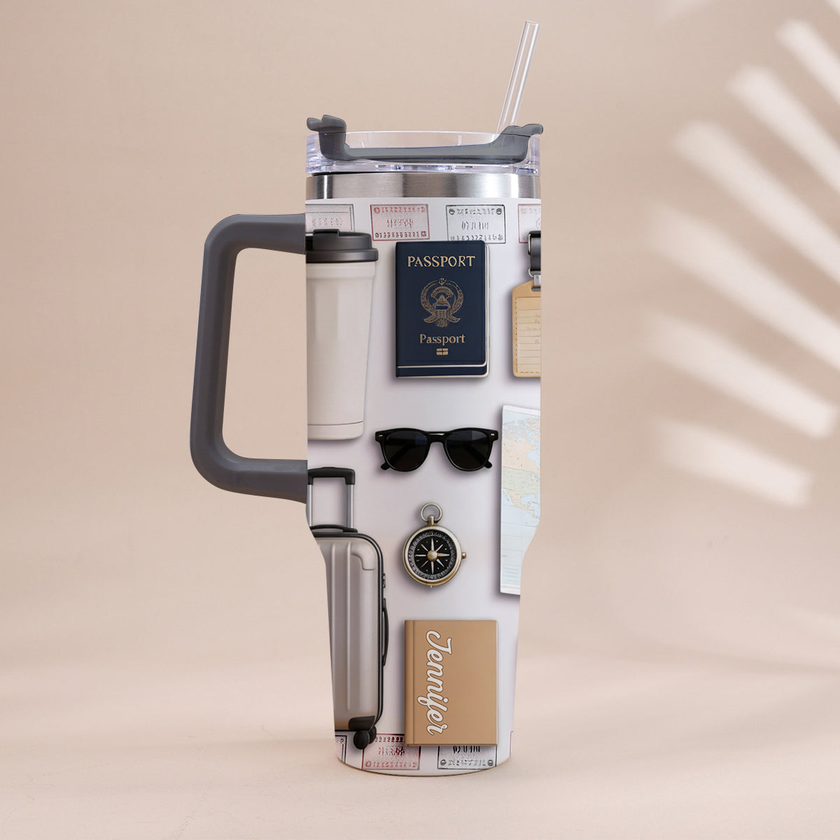 Gobelet isotherme de voyage personnalisé avec poignée « J’adore voyager »