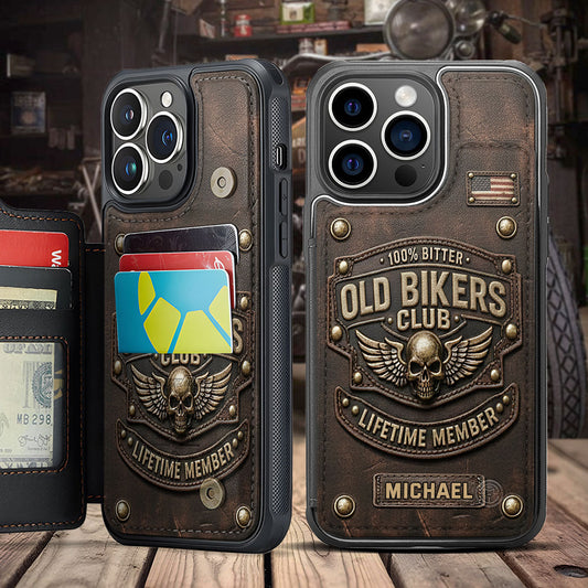 Old Bikers Club - Étui portefeuille pour téléphone personnalisé, imprimé sur le thème des motards