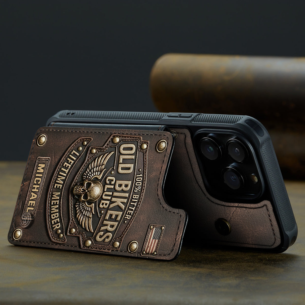 Old Bikers Club - Étui portefeuille pour téléphone personnalisé, imprimé sur le thème des motards