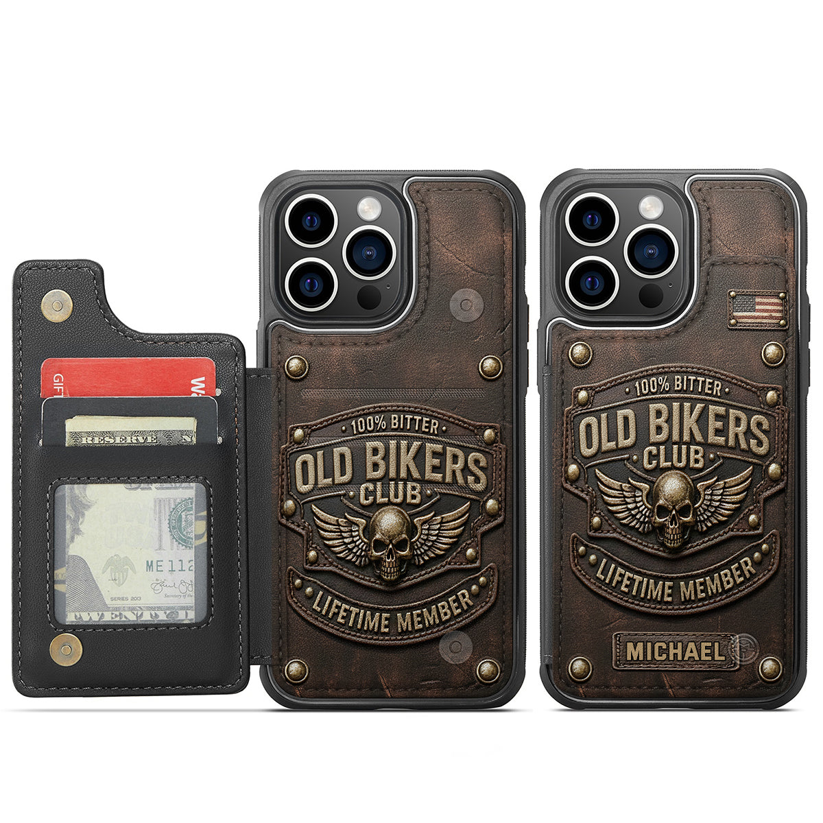 Old Bikers Club - Étui portefeuille pour téléphone personnalisé, imprimé sur le thème des motards