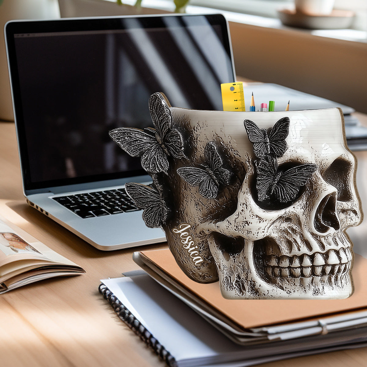 Porte-stylo en bois personnalisé en forme de crâne papillon - Porte-stylo en bois en forme de crâne personnalisé