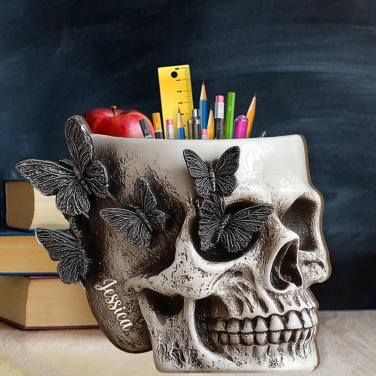 Porte-stylo en bois personnalisé en forme de crâne papillon - Porte-stylo en bois en forme de crâne personnalisé