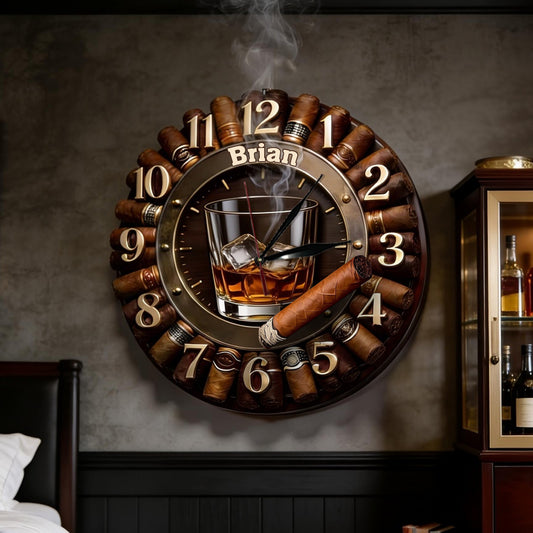 Whiskey et Cigare - Horloge Murale LED Whisky Personnalisée