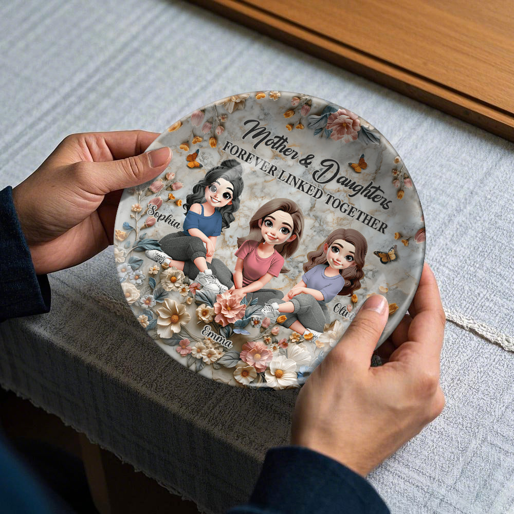 Mère et fille liées à jamais - Assiette ronde en céramique personnalisée pour maman