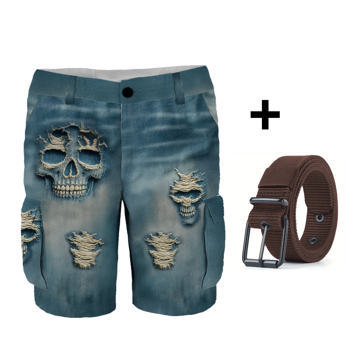 Distressed Skulls - Personalized Skull Cargo Shorts With Belt