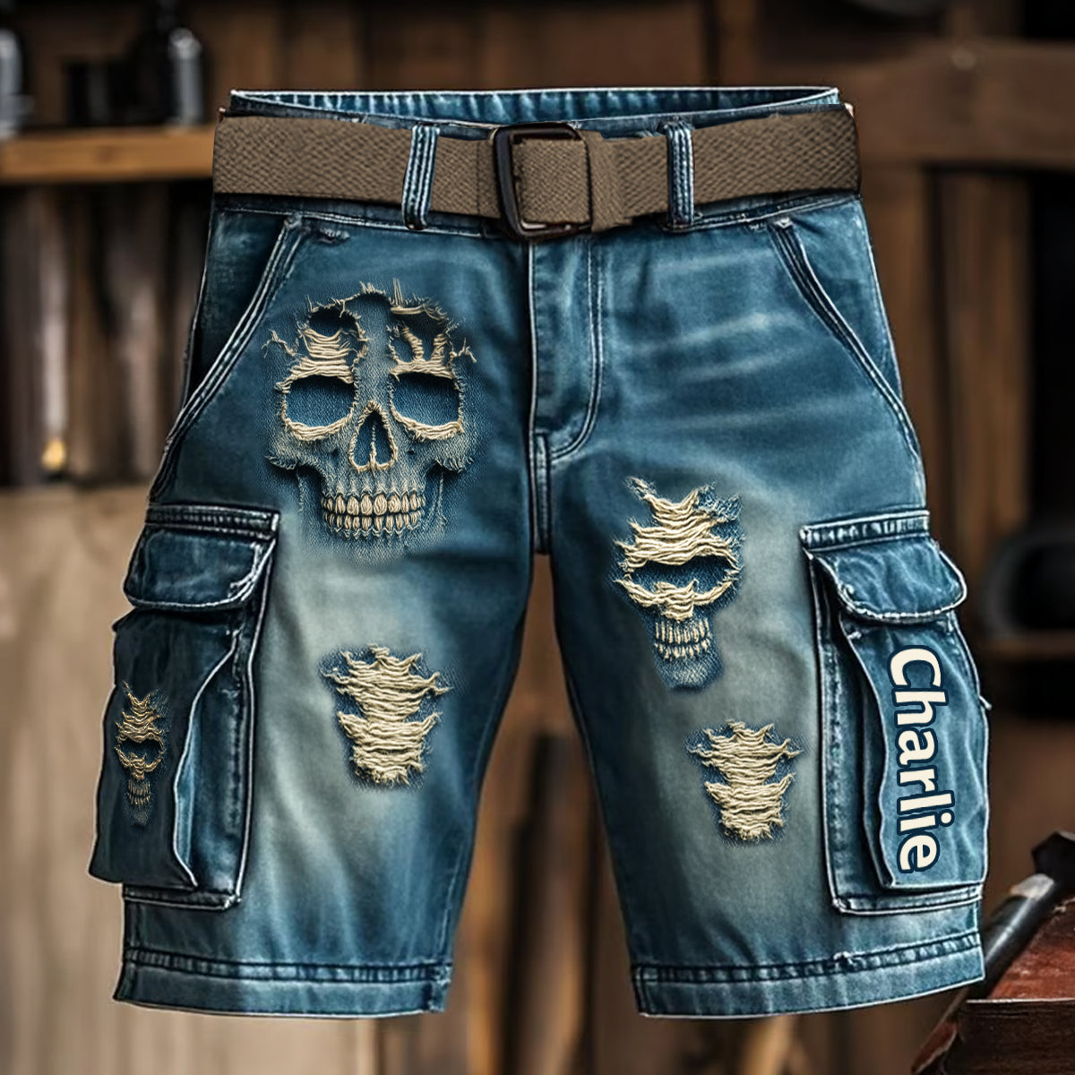 Distressed Skulls - Personalized Skull Cargo Shorts With Belt