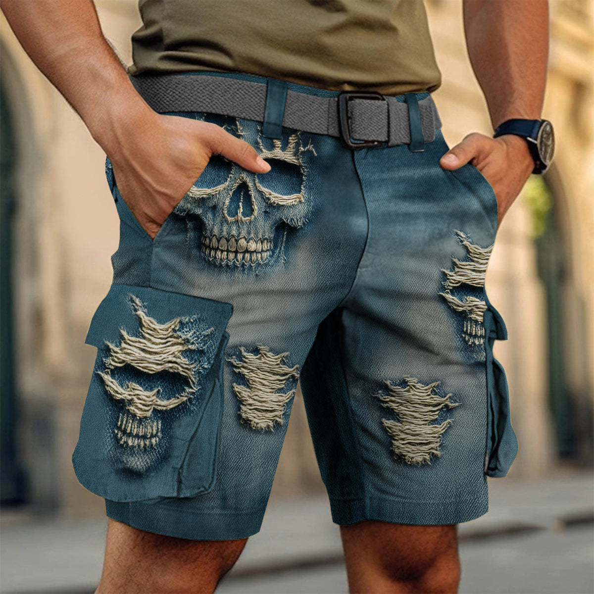 Distressed Skulls - Personalized Skull Cargo Shorts With Belt