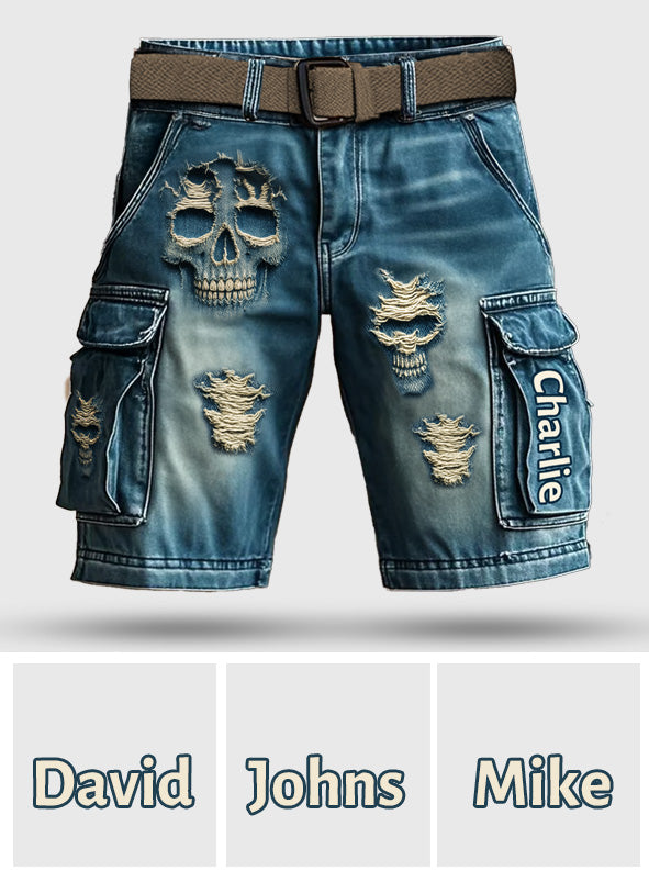 Distressed Skulls - Personalized Skull Cargo Shorts With Belt