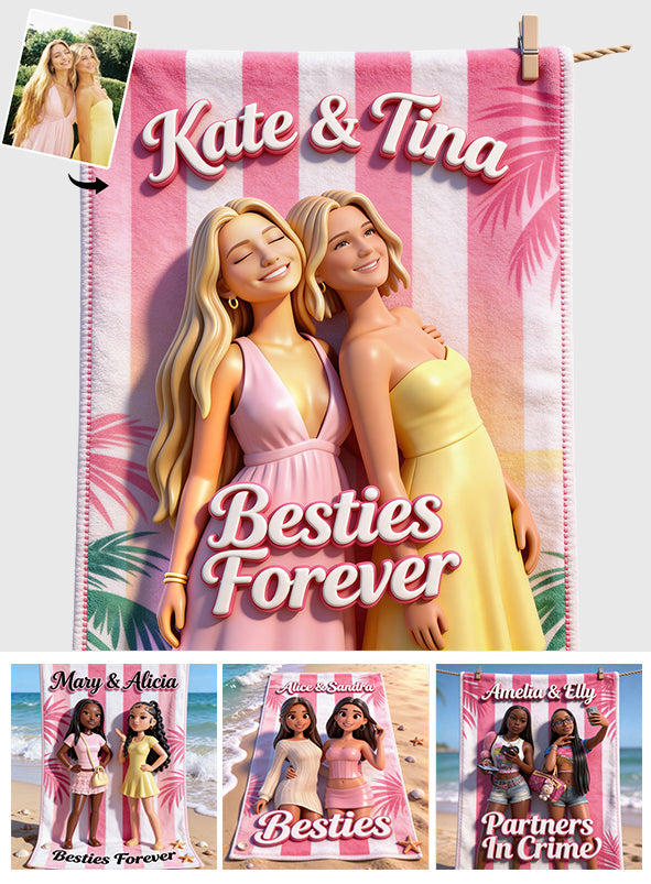 Serviette de plage/de bain personnalisée avec photo - Meilleures amies pour toujours - Serviette de bain/de bain à séchage rapide - Motif « Meilleures amies pour toujours »