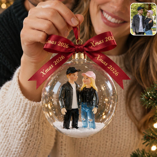Any Photo, Custom Text in Bow - Personalized Couple Snow Globe Ornament With Bow