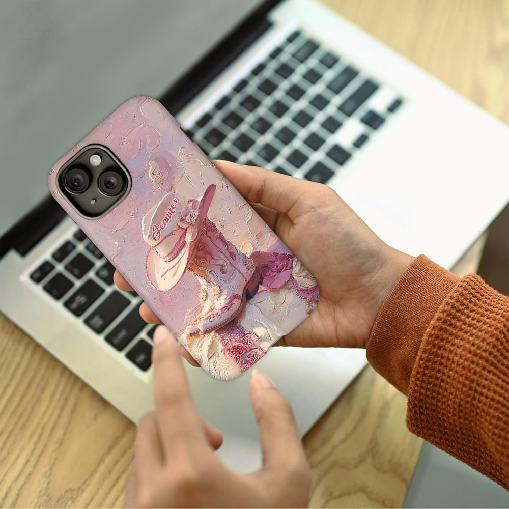 Coque de téléphone et support personnalisés « Cowgirl rose » avec imprimé intégral et support pour téléphone