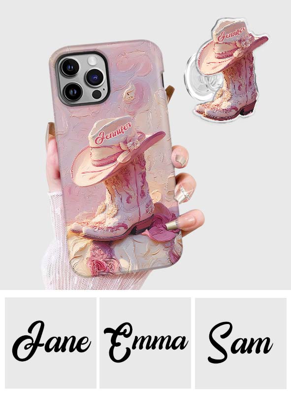 Coque de téléphone et support personnalisés « Cowgirl rose » avec imprimé intégral et support pour téléphone