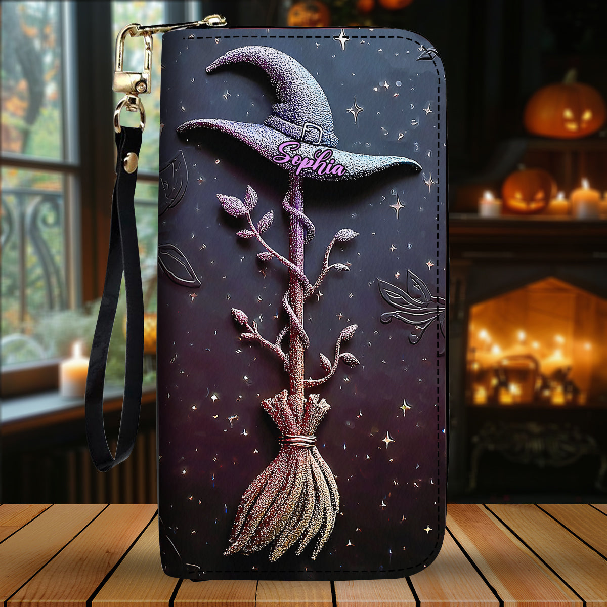 Magical, Glittering Witch Hat And Broomstick - Personalized Witch Leather Long Wallet