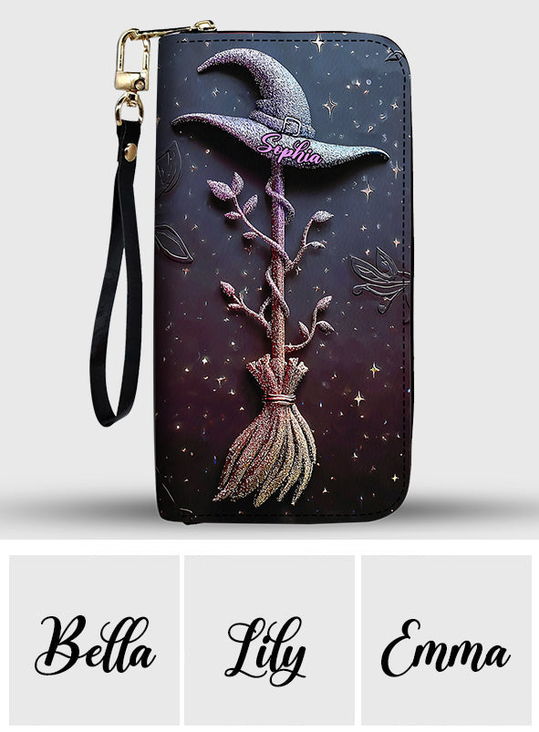 Magical, Glittering Witch Hat And Broomstick - Personalized Witch Leather Long Wallet