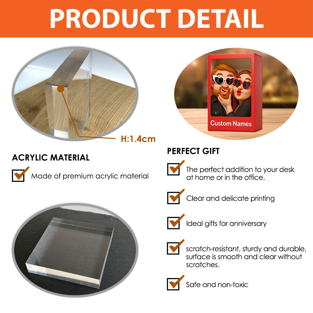 Plaque acrylique personnalisée pour couple, motif mascotte exagérée et humoristique, cadeau original.
