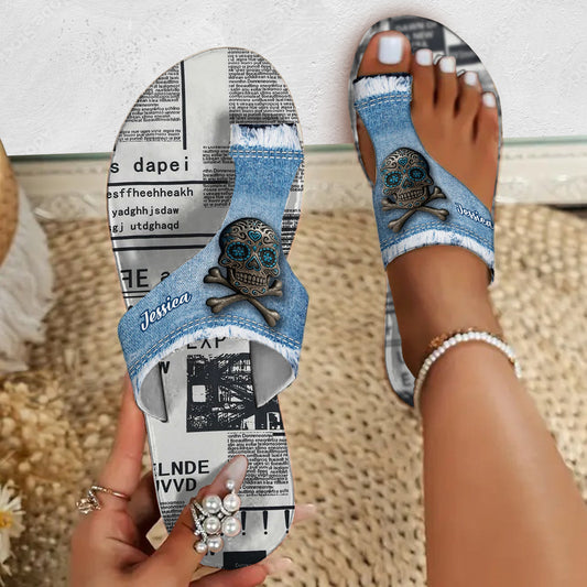 Sandales à bout ouvert personnalisées en denim à motif tête de mort mexicaine