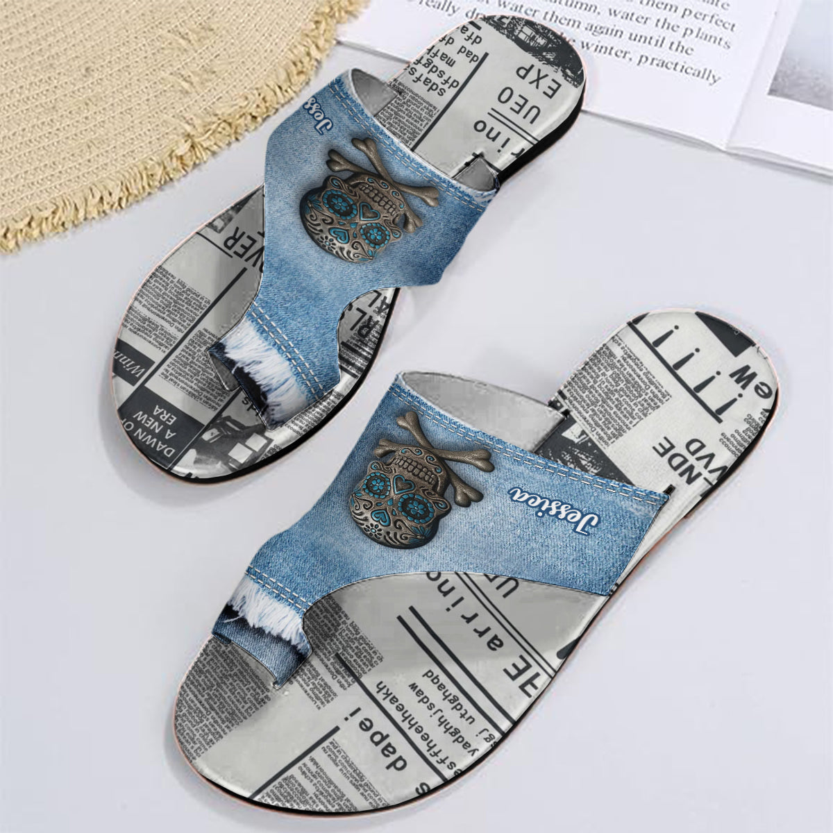 Sandales à bout ouvert personnalisées en denim à motif tête de mort mexicaine