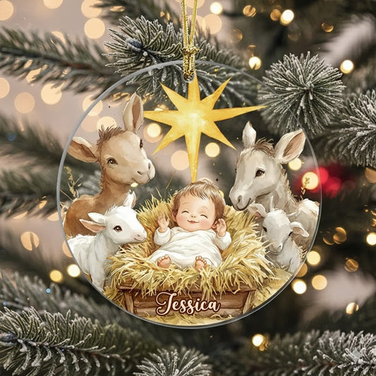 Festive Nativity Scene - Personalized Christian Ornament