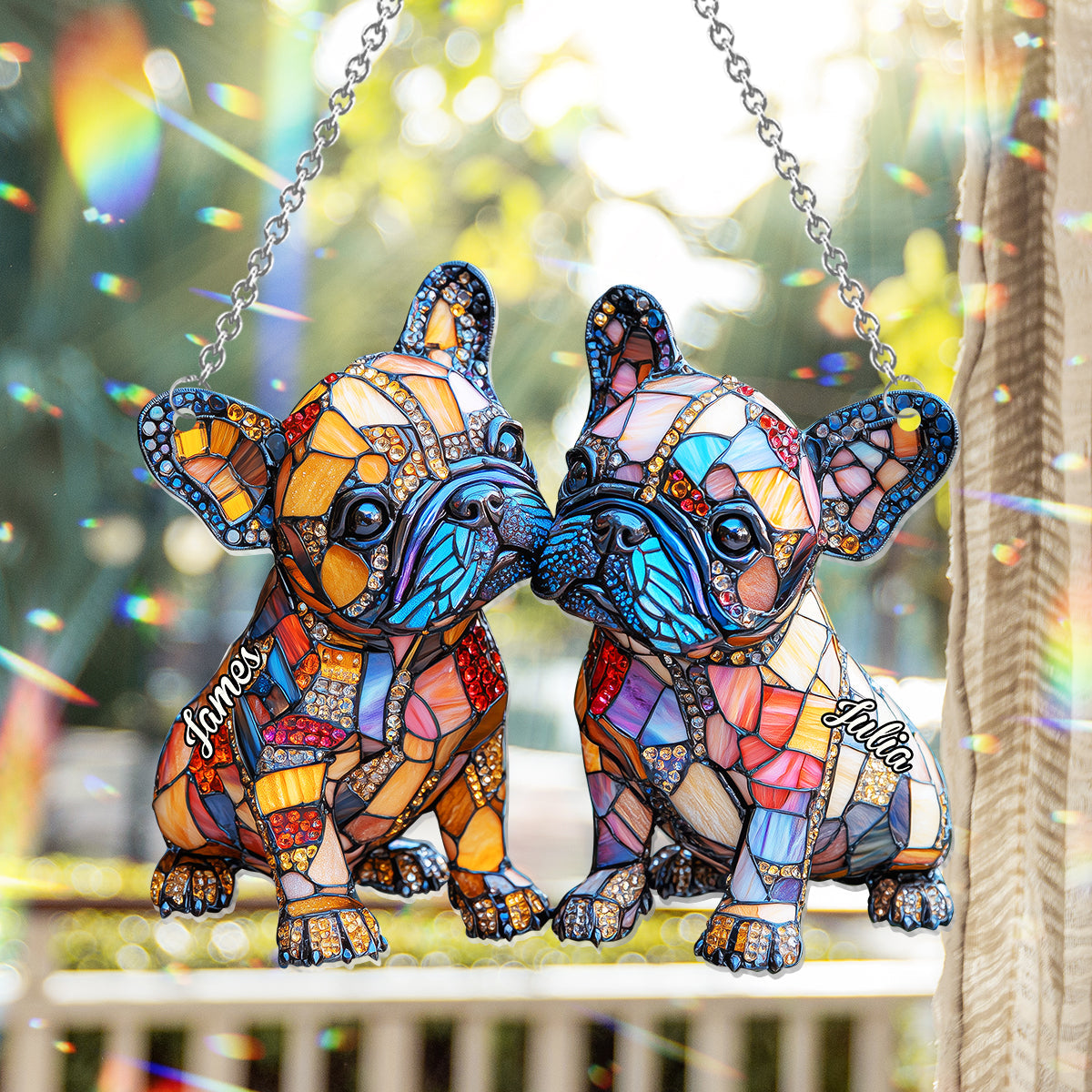 Couple de bouledogues français - Décoration attrape-soleil personnalisée à suspendre à la fenêtre, représentant un bouledogue français 