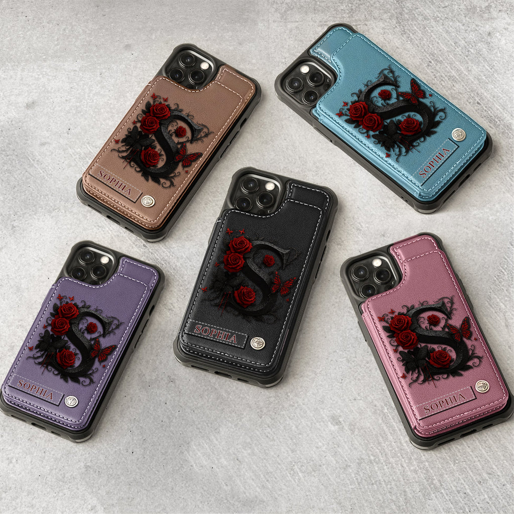Étui portefeuille de luxe personnalisé avec alphabet, rose rouge et papillons - Étui de téléphone de luxe