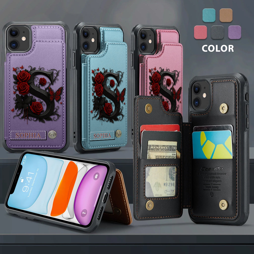 Étui portefeuille de luxe personnalisé avec alphabet, rose rouge et papillons - Étui de téléphone de luxe