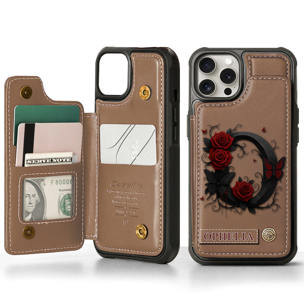 Étui portefeuille de luxe personnalisé avec alphabet, rose rouge et papillons - Étui de téléphone de luxe