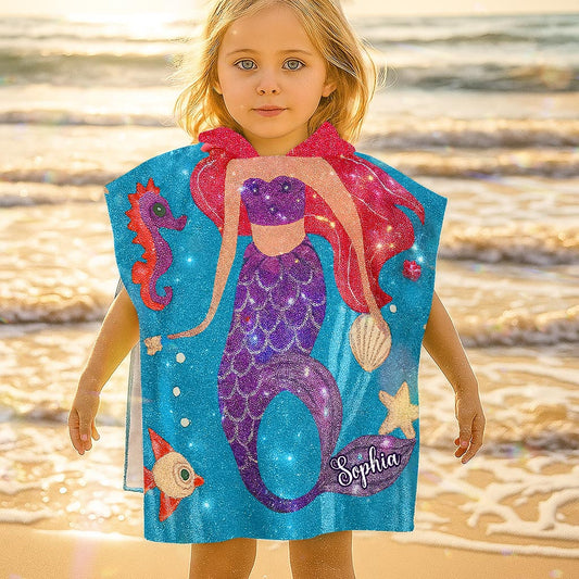 Cœur de sirène - Poncho-serviette à capuche personnalisé pour enfant