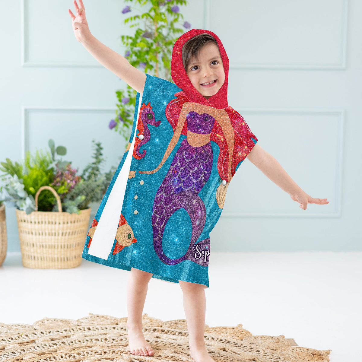 Cœur de sirène - Poncho-serviette à capuche personnalisé pour enfant