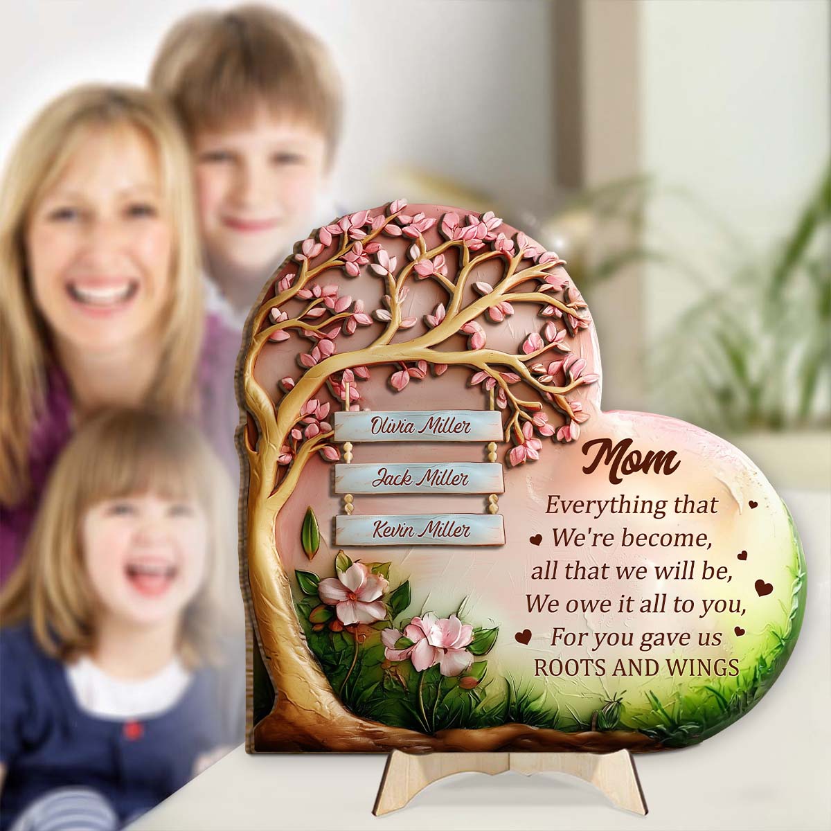 Tu nous as donné des racines et des ailes, maman - Plaque en bois personnalisée à 2 couches « Mère »
