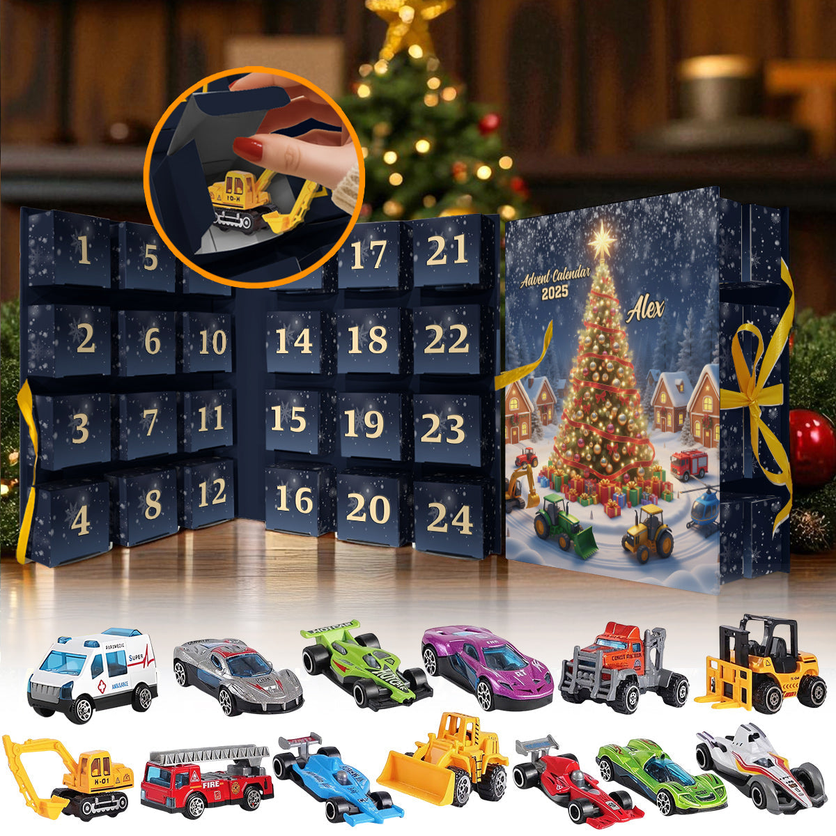 Calendrier de l'Avent pliable et personnalisé pour enfant, motif véhicule de Noël, avec décorations