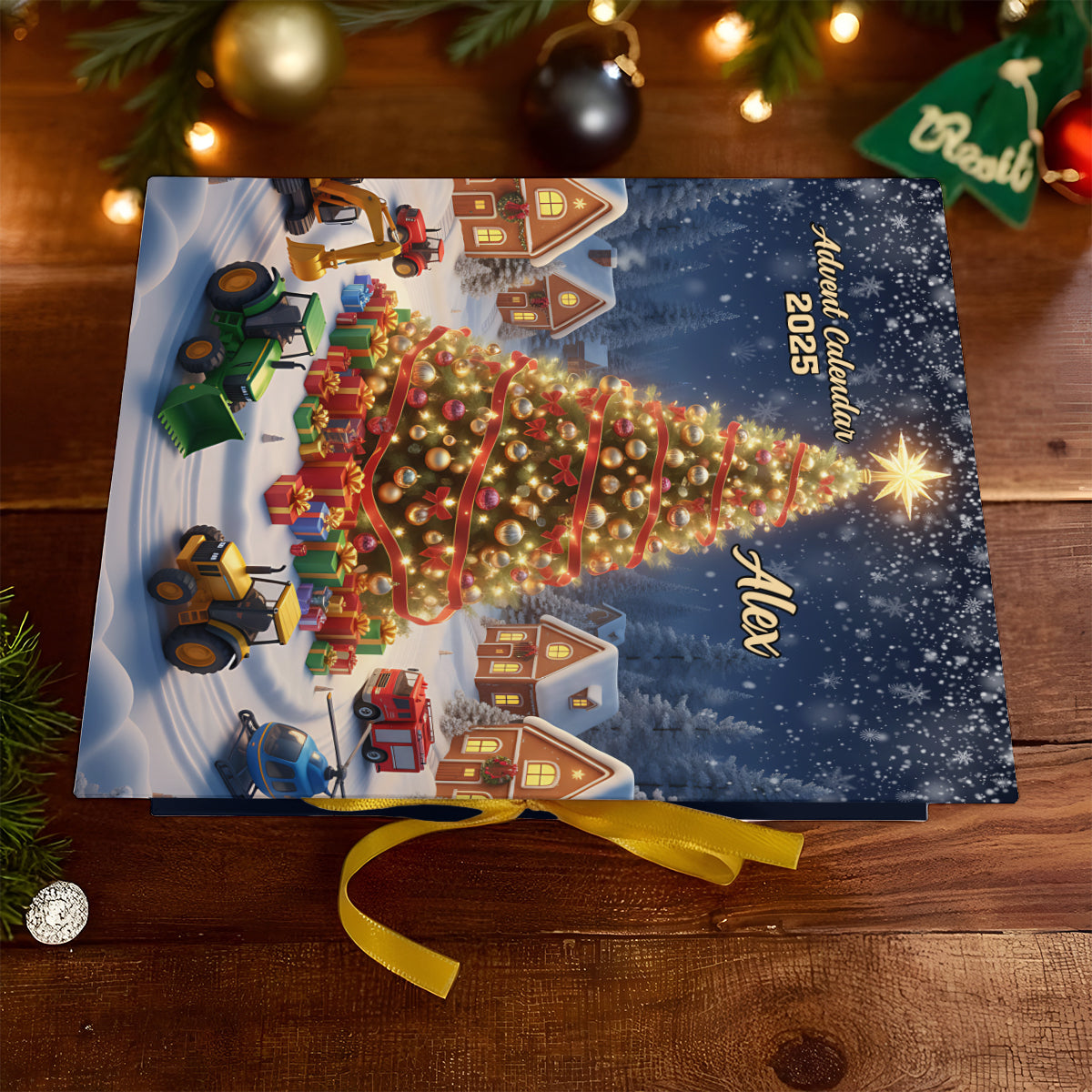 Calendrier de l'Avent pliable et personnalisé pour enfant, motif véhicule de Noël, avec décorations