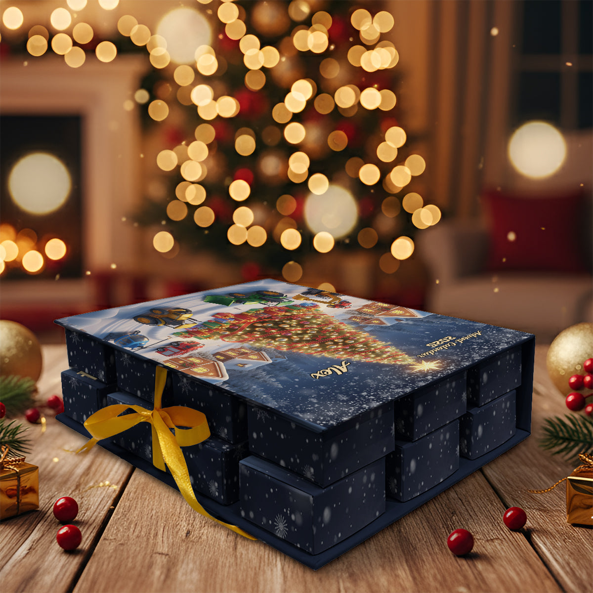 Calendrier de l'Avent pliable et personnalisé pour enfant, motif véhicule de Noël, avec décorations