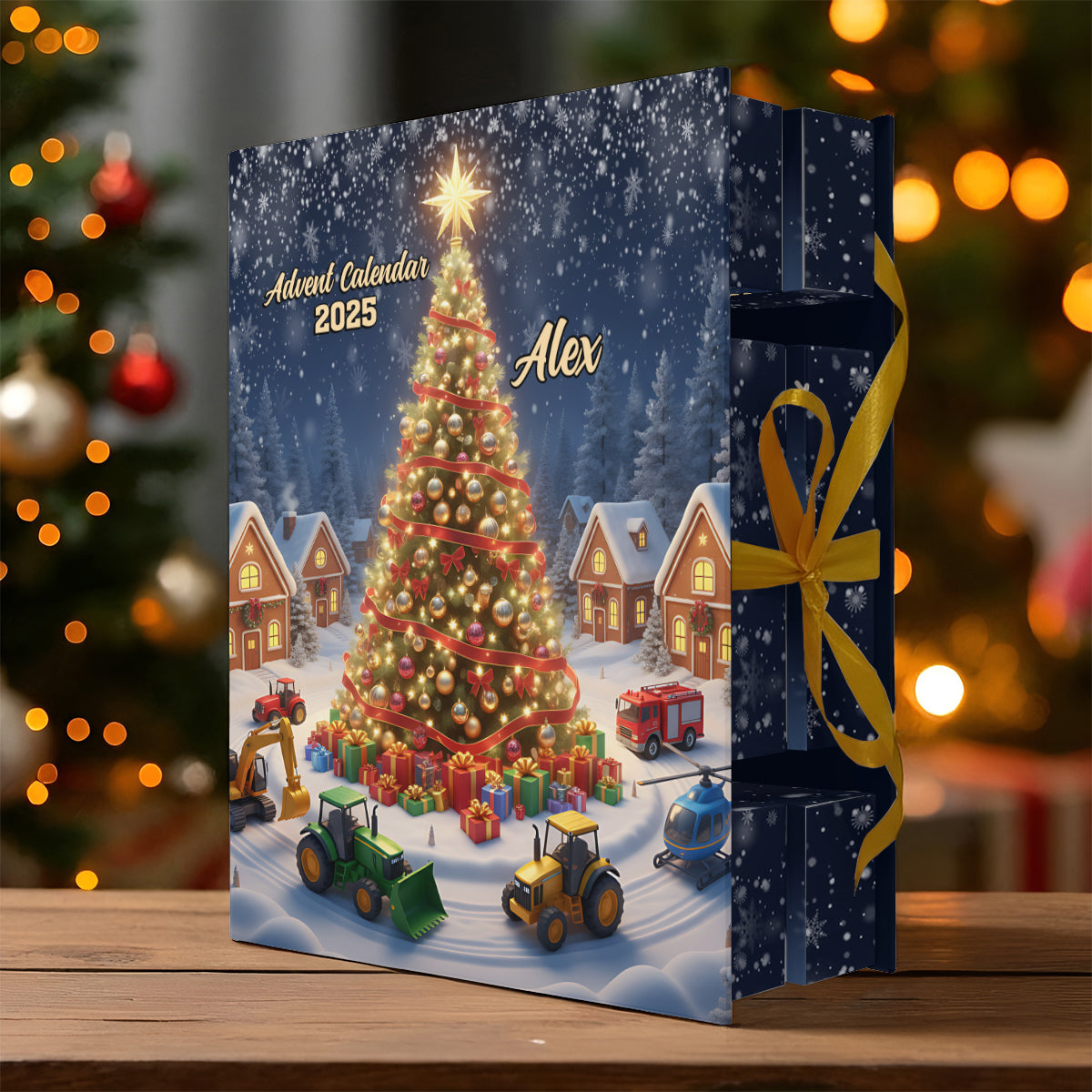 Calendrier de l'Avent pliable et personnalisé pour enfant, motif véhicule de Noël, avec décorations