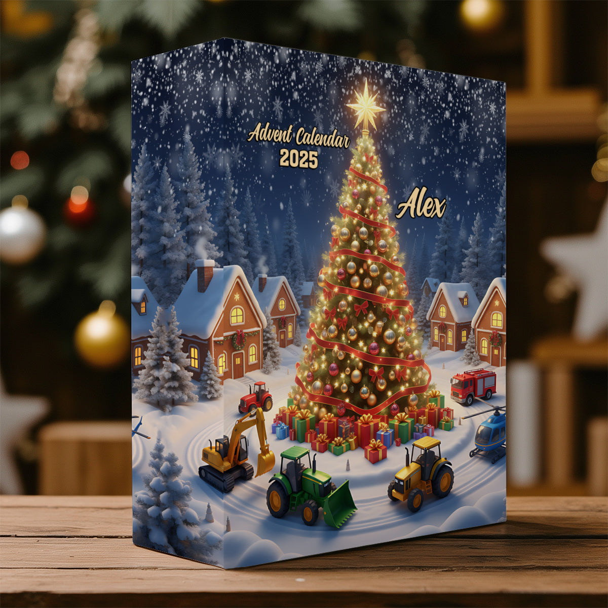 Calendrier de l'Avent pliable et personnalisé pour enfant, motif véhicule de Noël, avec décorations
