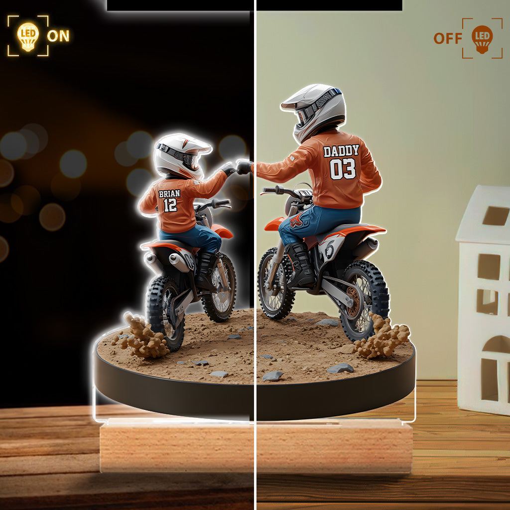 Papa et enfant motards - Plaque acrylique personnalisée en forme de moto tout-terrain