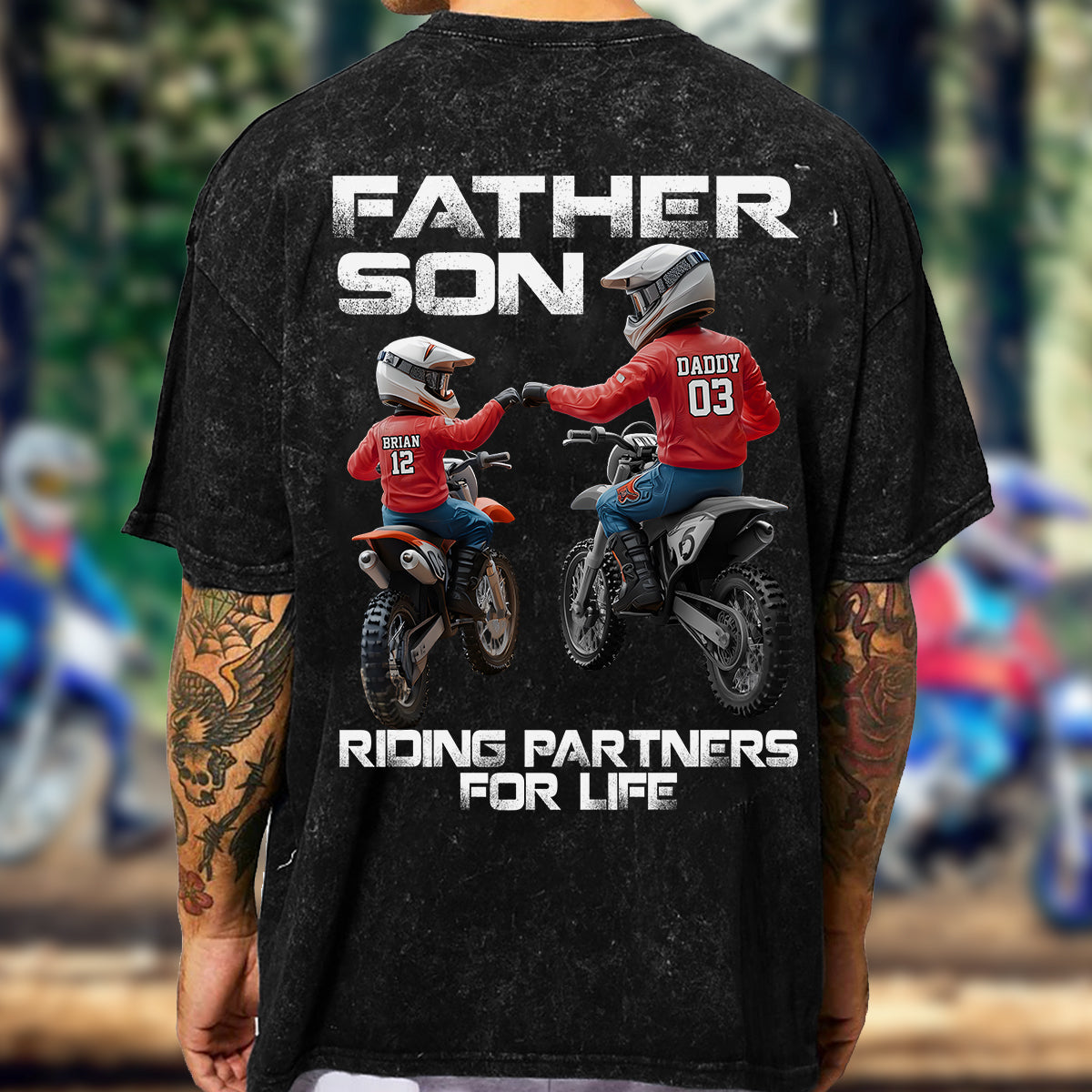 T-shirt personnalisé « Papa et enfant motards » pour le lavage de motos tout-terrain