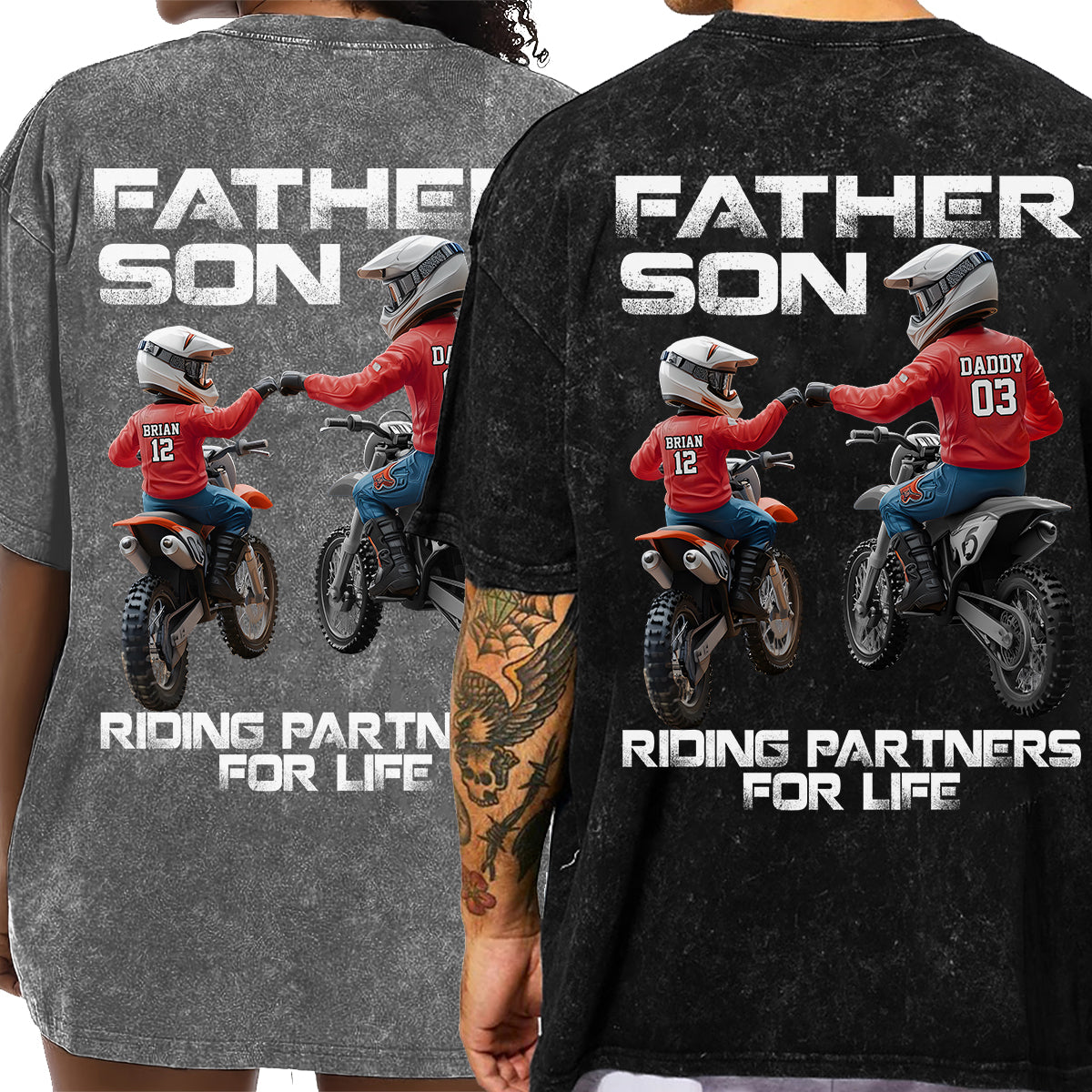 T-shirt personnalisé « Papa et enfant motards » pour le lavage de motos tout-terrain