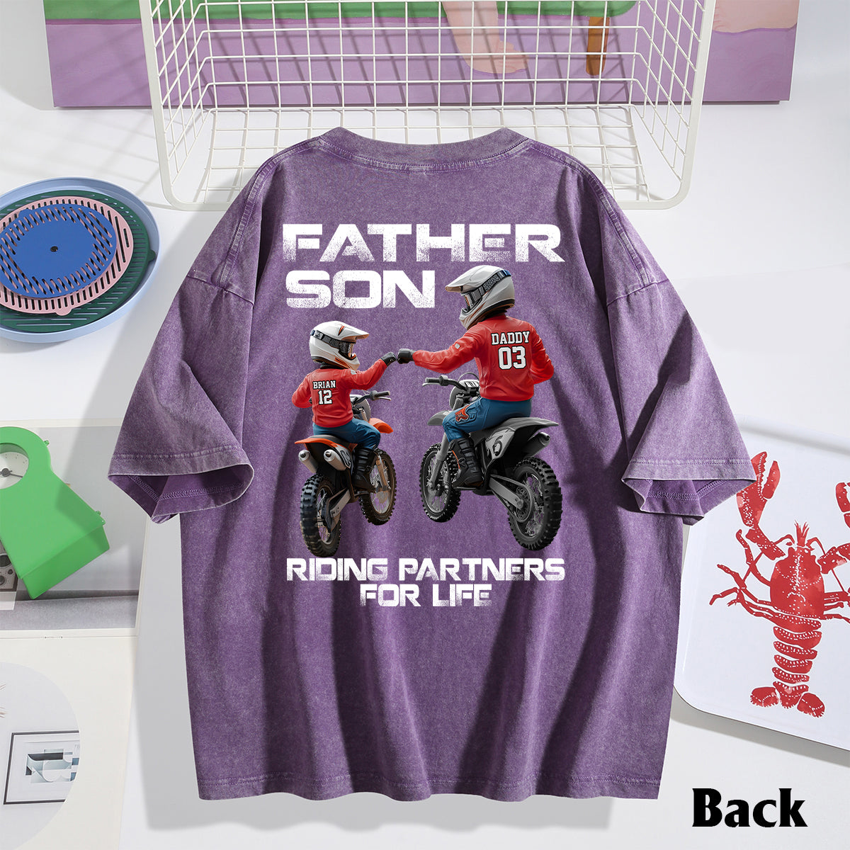 T-shirt personnalisé « Papa et enfant motards » pour le lavage de motos tout-terrain