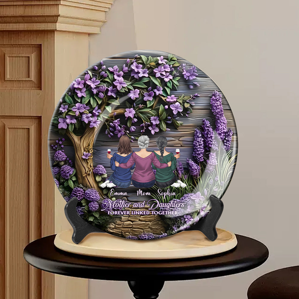 Mère et filles liées à jamais - Assiette ronde en céramique personnalisée pour maman