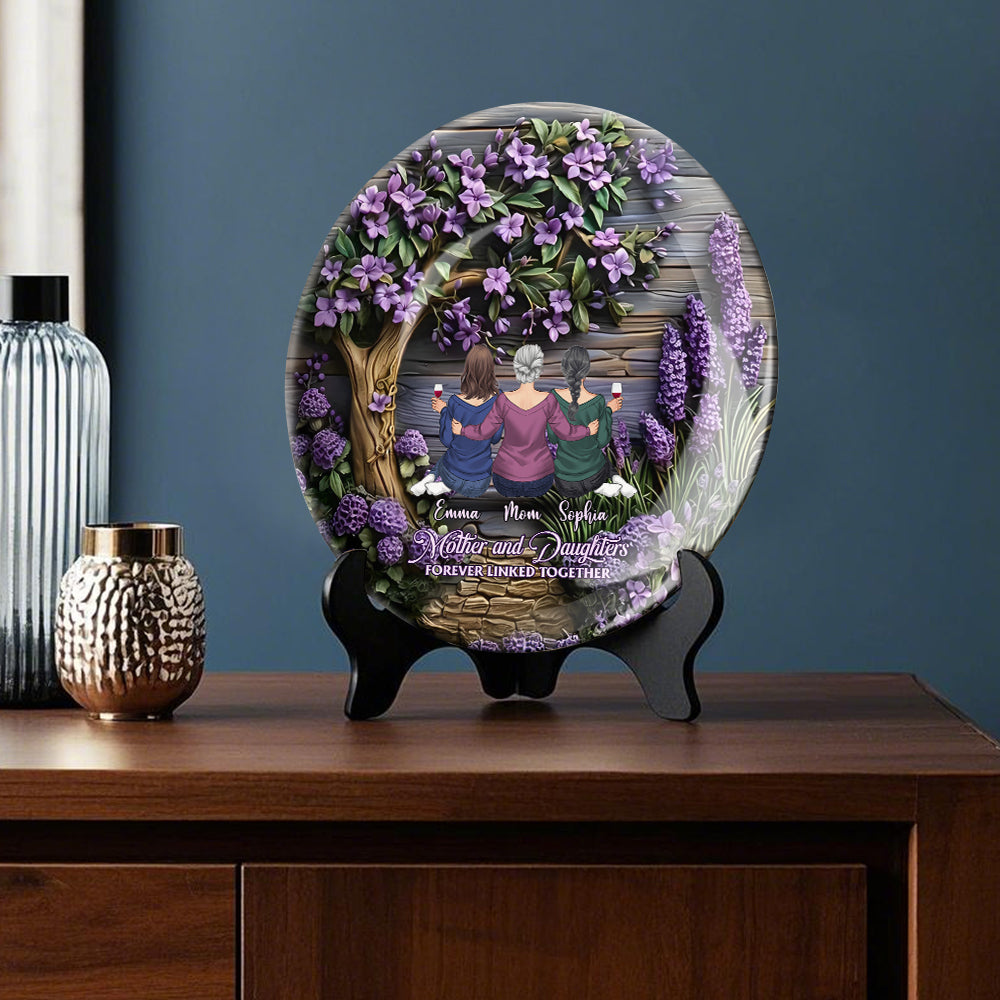 Mère et filles liées à jamais - Assiette ronde en céramique personnalisée pour maman