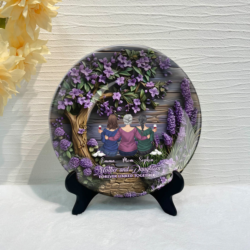 Mère et filles liées à jamais - Assiette ronde en céramique personnalisée pour maman