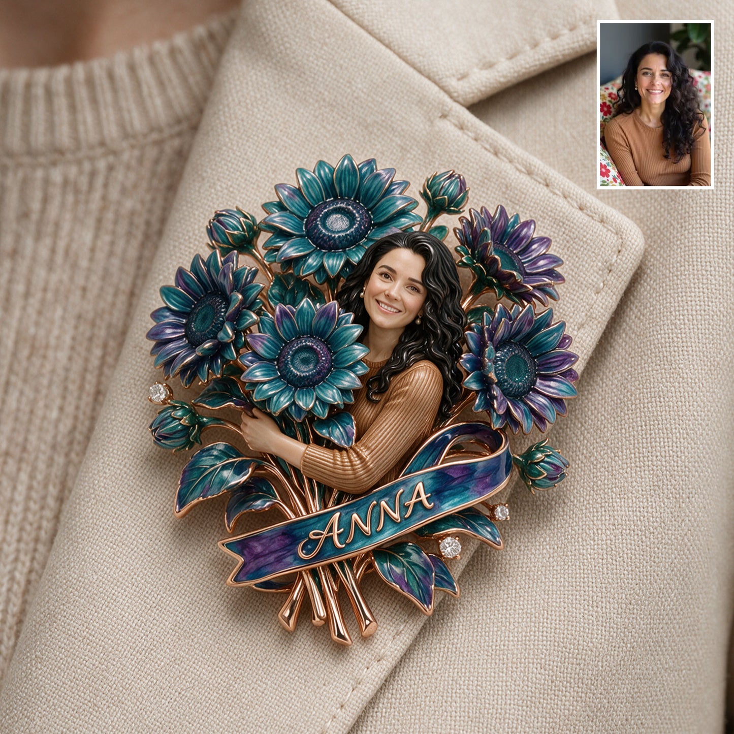 Custom Suicide Prevention Blue & Purple Sunflower Brooch - Personalized Suicide Prevention 3D Embossed Enamel Pin