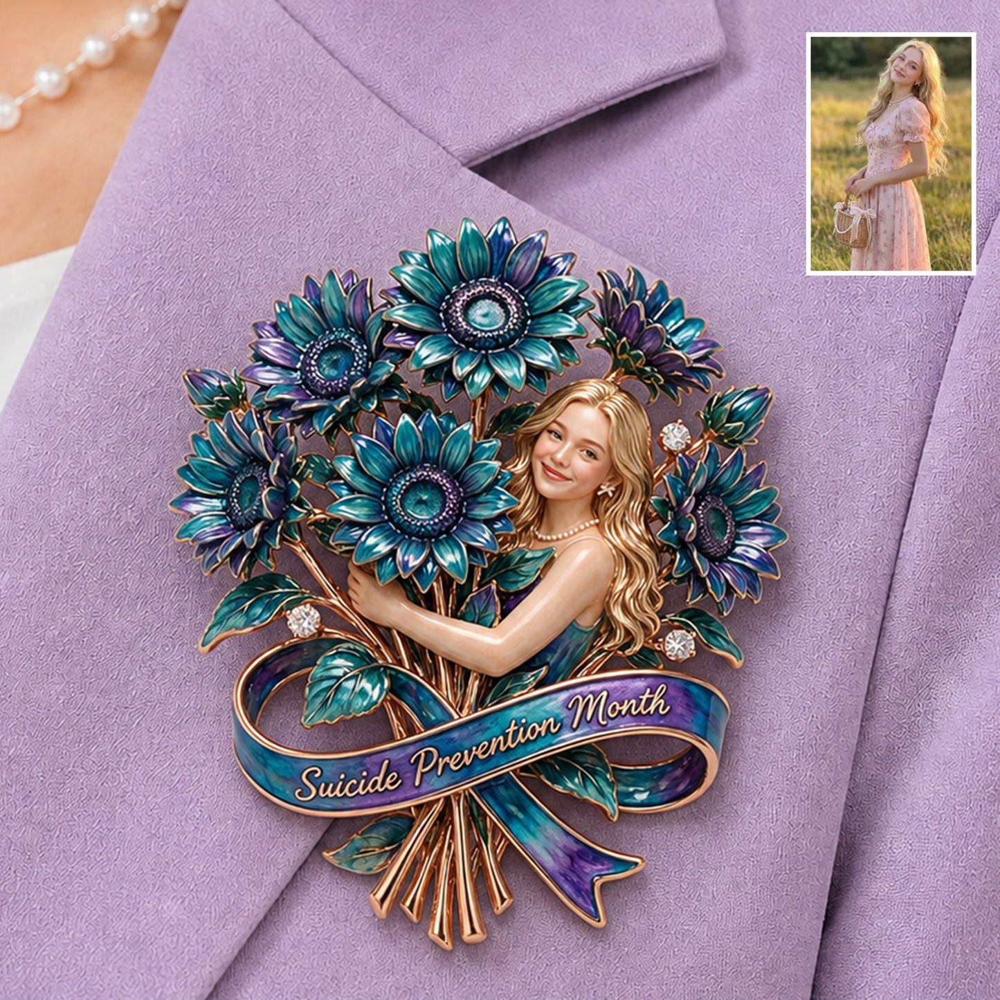 Custom Suicide Prevention Blue & Purple Sunflower Brooch - Personalized Suicide Prevention 3D Embossed Enamel Pin